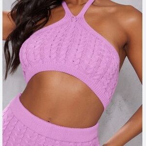PrettyLittleThing Cable Knit Halterneck Top Size S Hot Pink